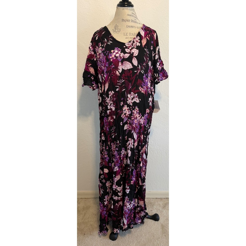 Roamans Petite 1X Maxi Dress Purple Black Floral Crinkle Rayon V-Neck 22/24